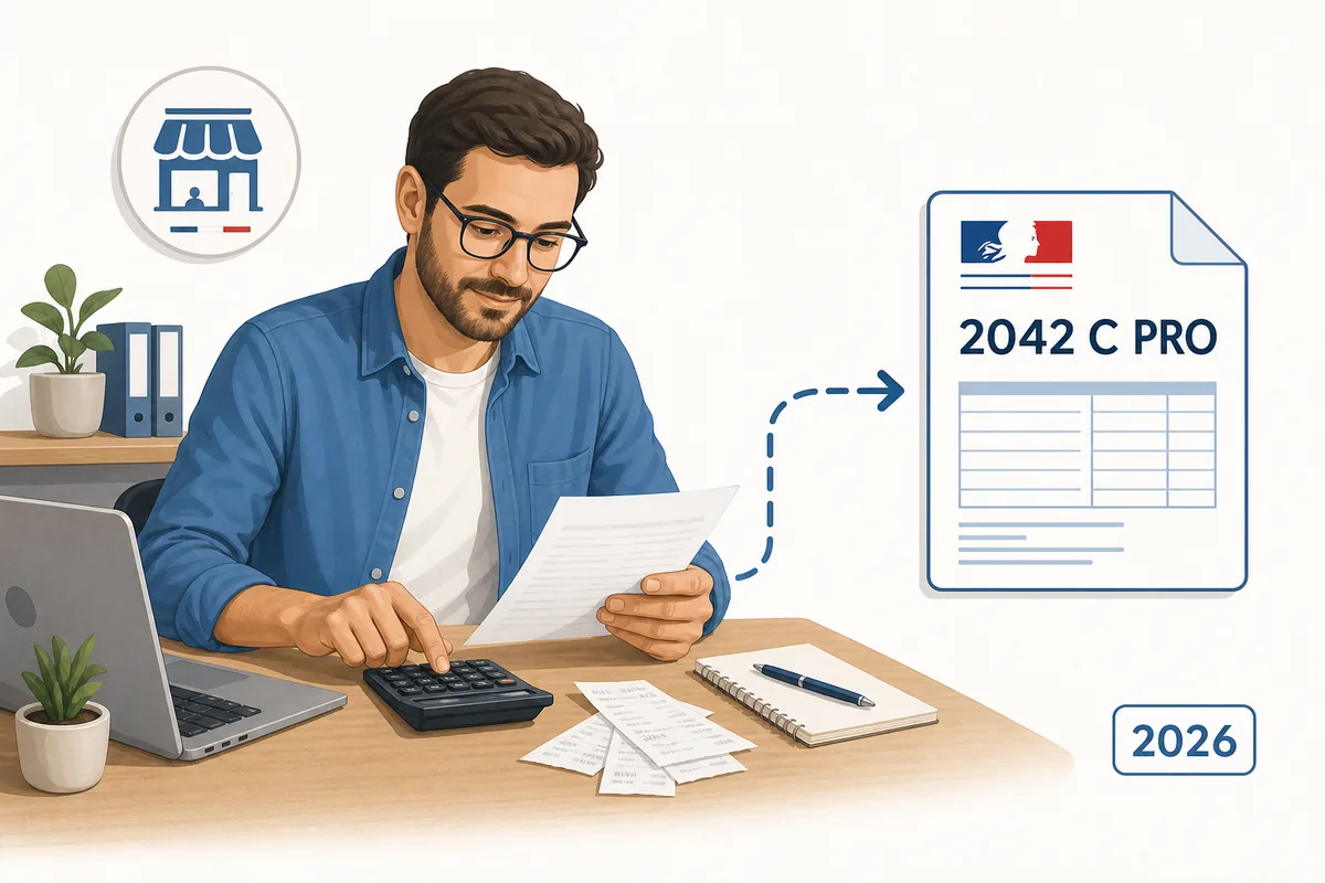 Auto-entrepreneur préparant sa déclaration d'impôts 2026 avec le formulaire 2042 C PRO