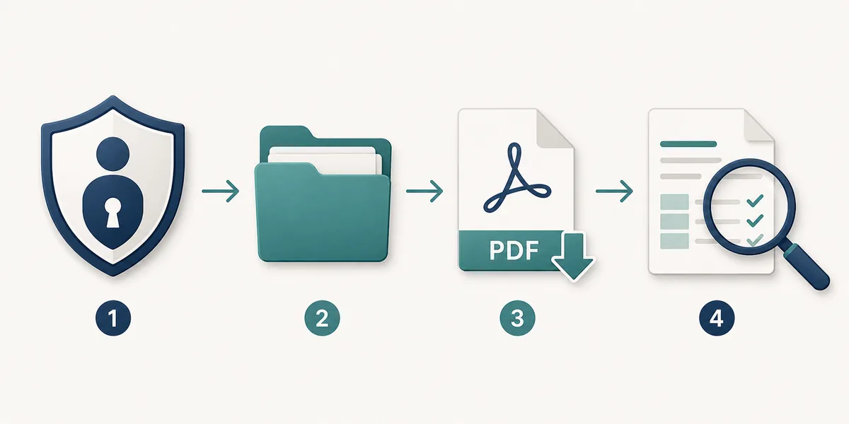 Schéma éditorial du parcours pour accéder à un avis d'impôt, télécharger le PDF et vérifier les lignes importantes