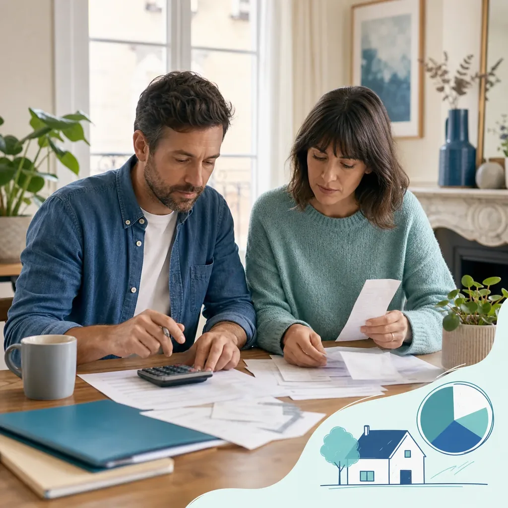 Couple préparant une simulation de crédit d'impôt avec justificatifs et calculatrice