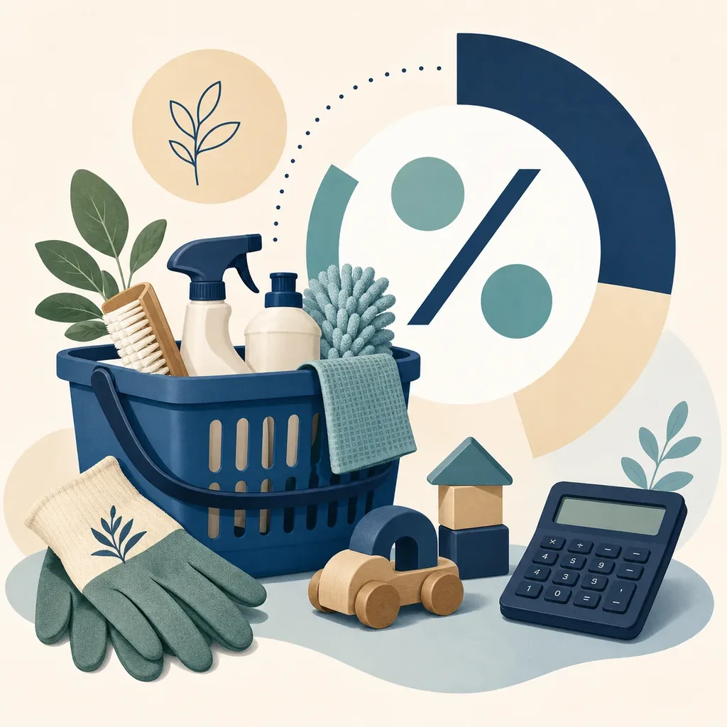 Illustration de services à la personne avec produits de ménage, jardinage, garde d'enfant et calculatrice