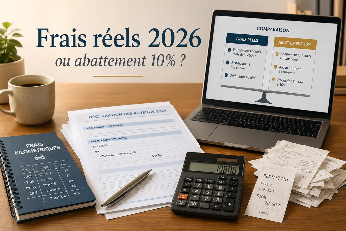 Comparaison entre frais réels 2026 et abattement de 10% avec reçus, calculatrice et déclaration de revenus