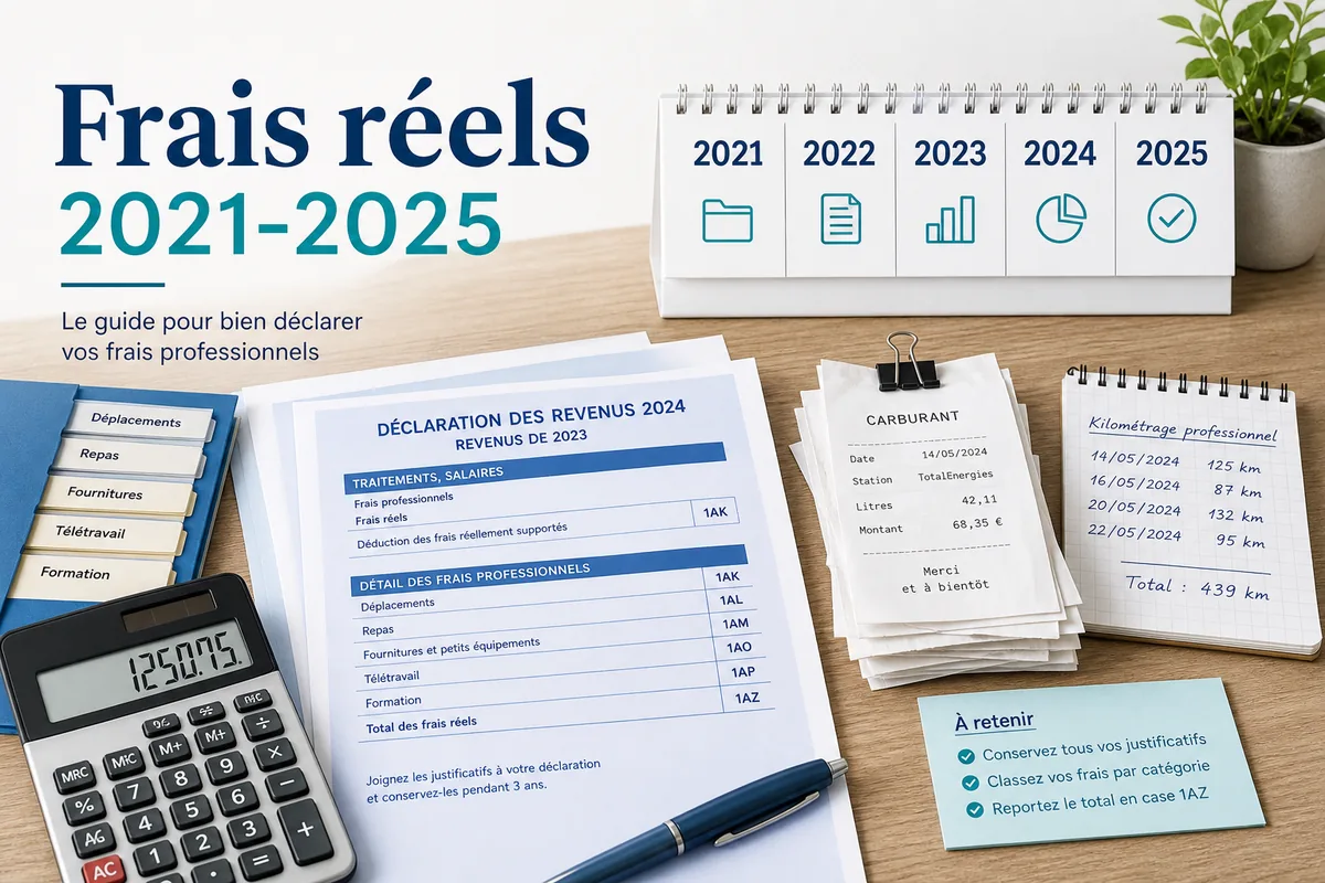 Guide de calcul des frais réels 2021 à 2025 avec reçus, calendrier fiscal et barème kilométrique