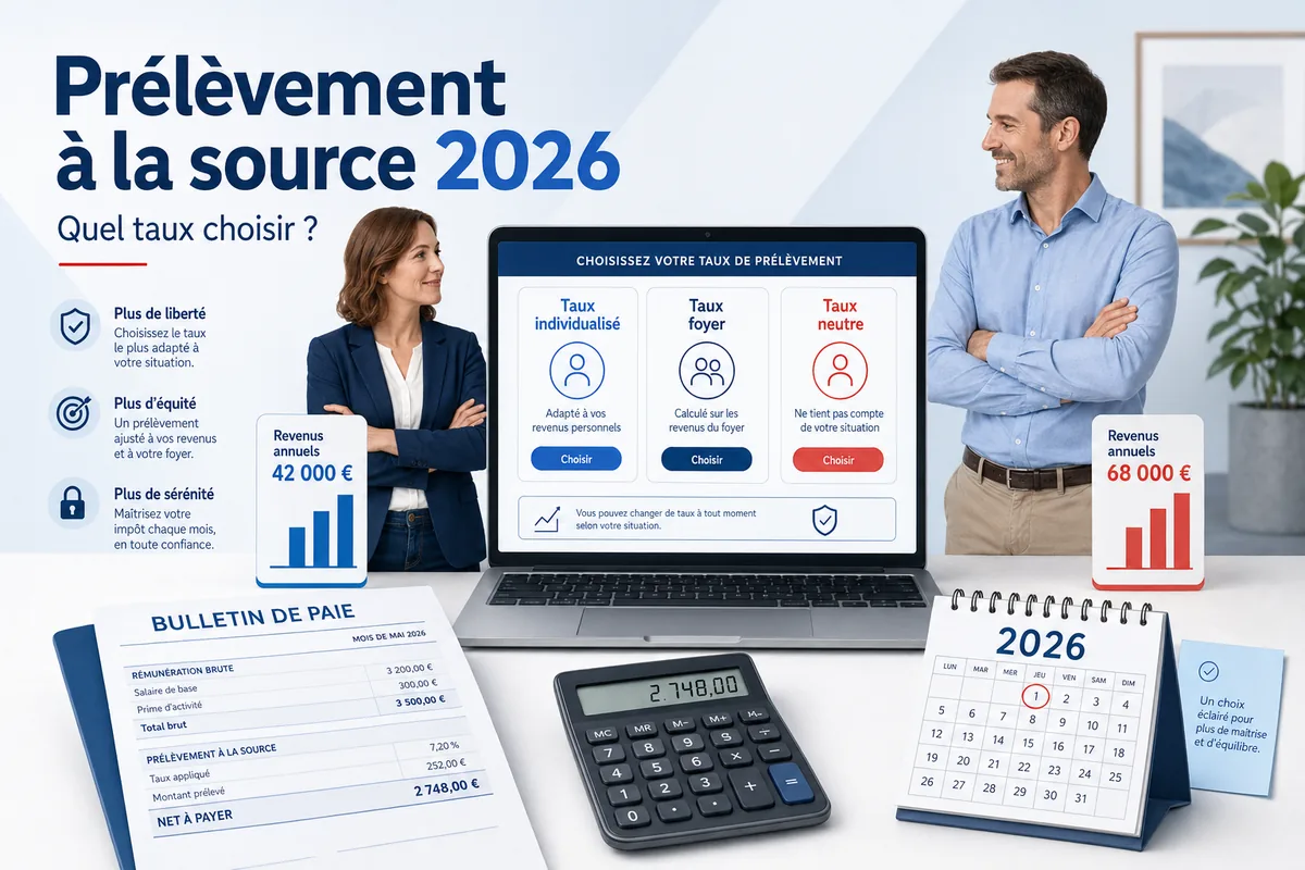 Comparaison des taux de prélèvement à la source 2026 personnalisé individualisé et neutre sur une fiche de paie