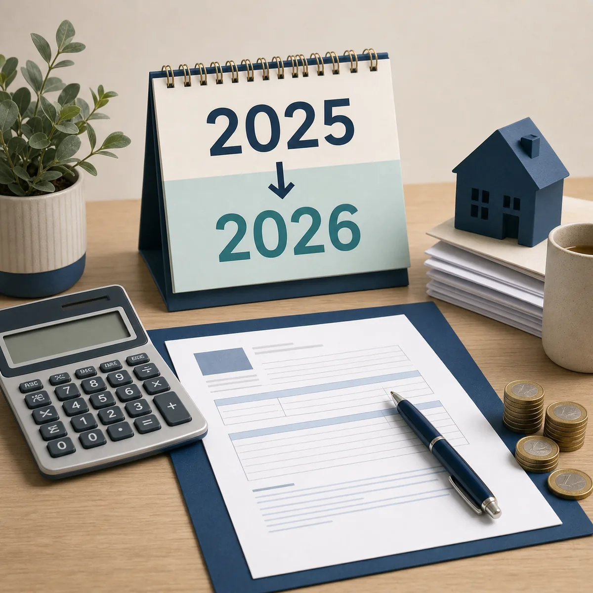 Illustration éditoriale d'une simulation d'impôts 2026 sur les revenus 2025 avec calendrier, calculatrice et documents