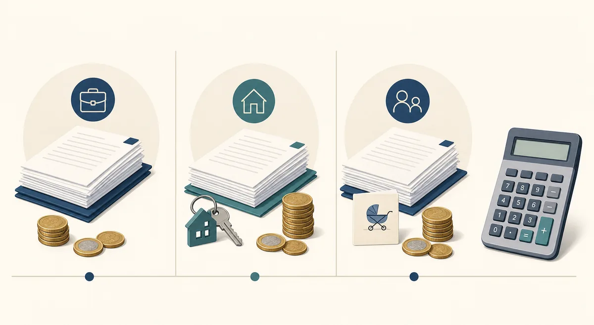 Comparaison visuelle de trois scénarios de simulation fiscale : salaire stable, revenu foncier et changement familial