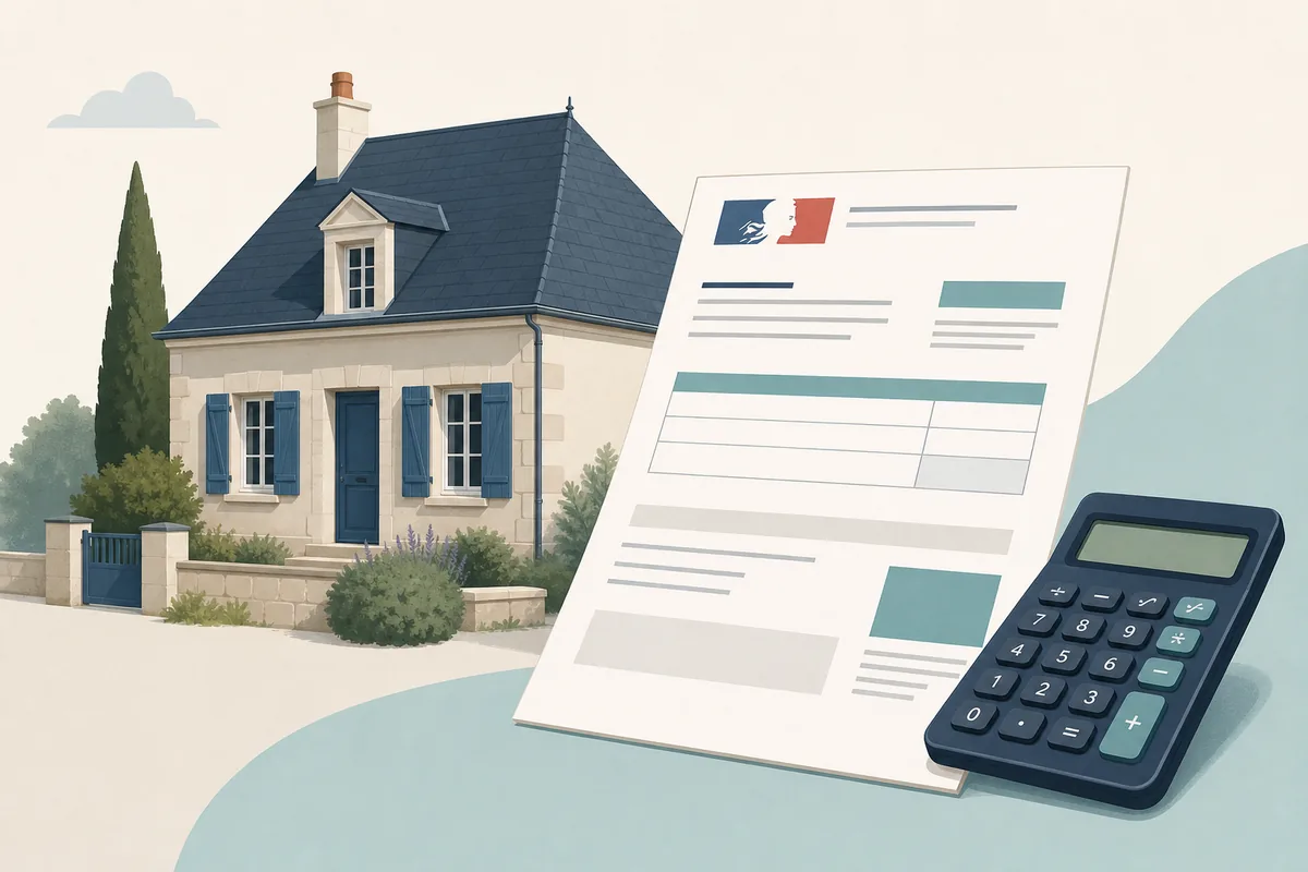 Illustration éditoriale d'une maison française, d'un avis de taxe et d'une calculatrice