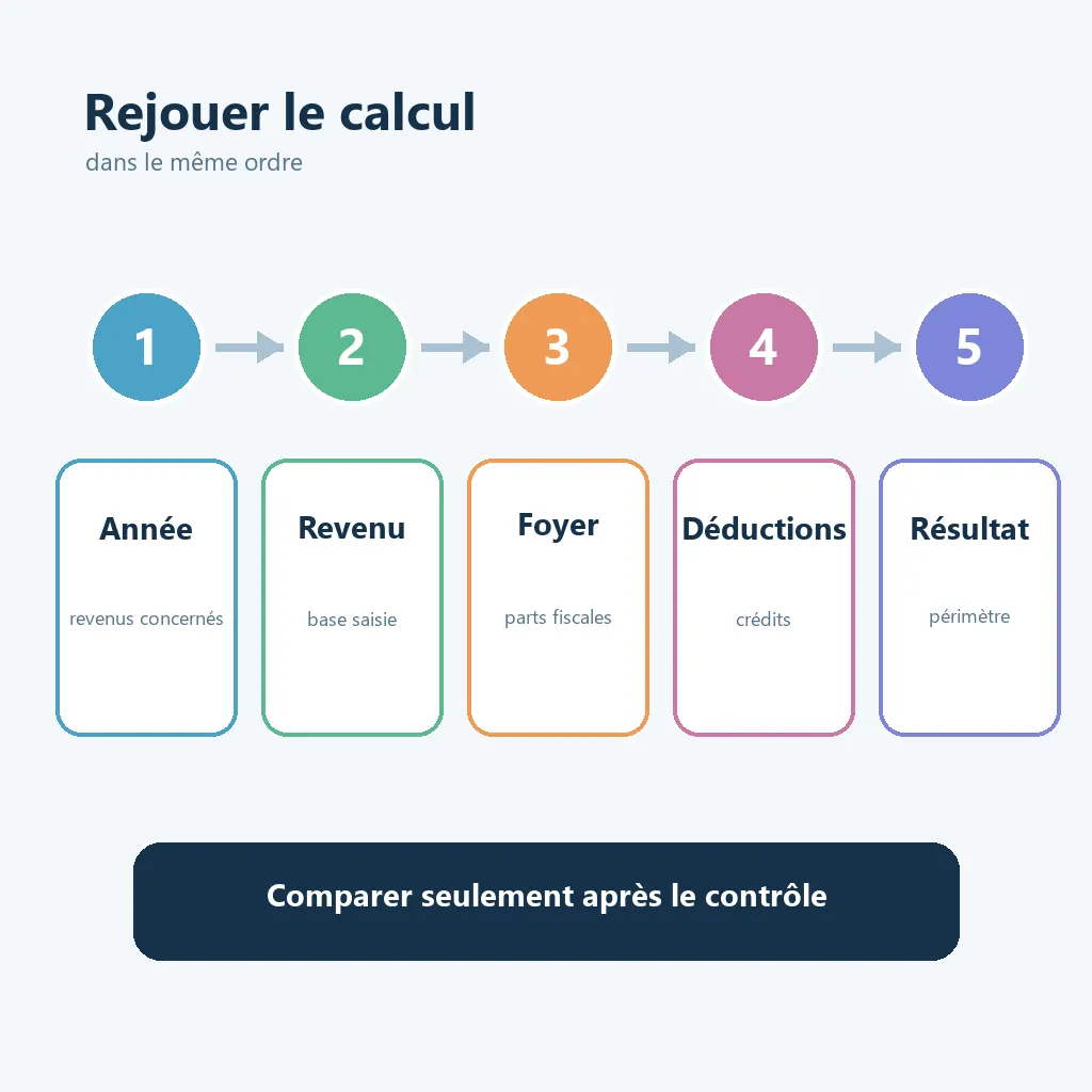 Étapes de vérification d'une simulation d'impôt : année, revenus, parts et avantages